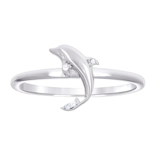 Damen-Ring aus 925er-Sterlingsilber, Zirkonia, künstlicher Diamant, Delfin, Ozean, 10,2 x 1,2 mm breit, Größe 7 von JewelryWeb