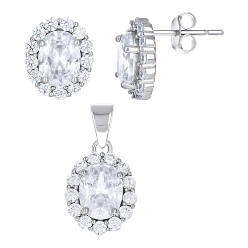 Damen-Schmuck-Set aus 925er-Sterlingsilber, oval, rund, Zirkonia, künstlicher Diamant, oval, modische Ohrringe und Anhänger, Halsketten-Set für Frauen von JewelryWeb