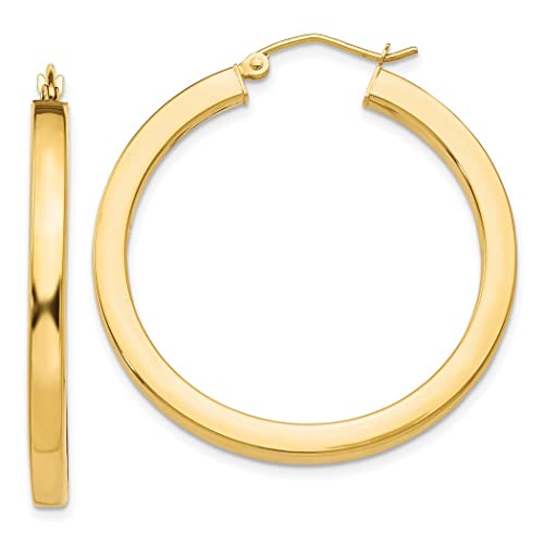 Goldene 3 mm große, polierte quadratische Creolen, Maße: 35 x 35 mm breit, 3 mm dick, Schmuck für Damen von JewelryWeb