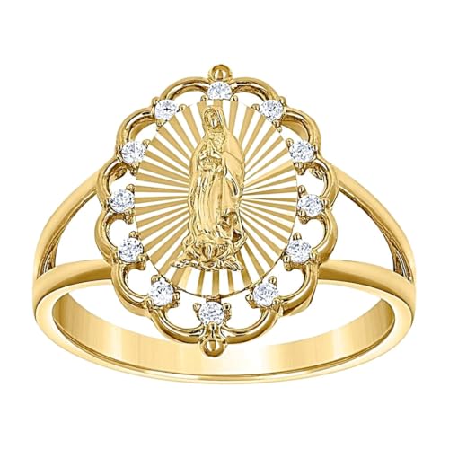 Guadalupe religiöser Guadalupe-Ring für Damen, 14 Karat Gelbgold, Zirkonia, künstlicher Diamant, 16,2 x 3 mm breit, Bandstil-Ring für Frauen von JewelryWeb