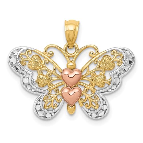 Halskette aus 14-karätigem Gelbgold und Rhodium, zweifarbig, poliert, offene Rückseite, strukturierte Rückseite, Schmetterlings-Engelsflügel, Anhänger-Halskette, Maße: 20 x 24 mm breit, von JewelryWeb