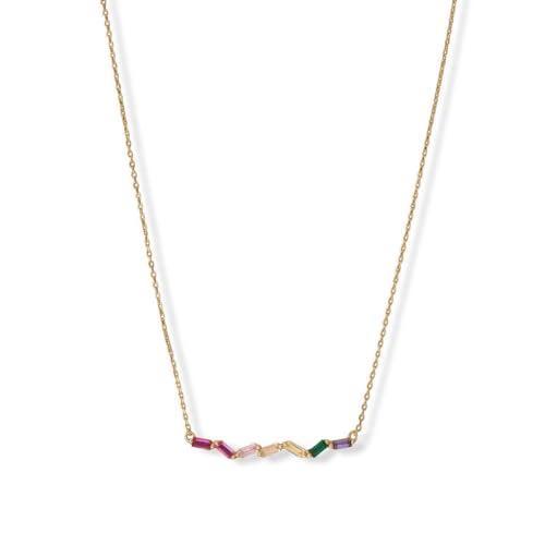 Halskette aus 925er-Sterlingsilber, 14 Karat vergoldet, 38 cm + 5 cm Regenbogen-Baguette-CZ-Kette, 38 + 5 cm Karabinerverschluss, One Size, Zirkonia Edelstein Gold, Zirkonia von JewelryWeb