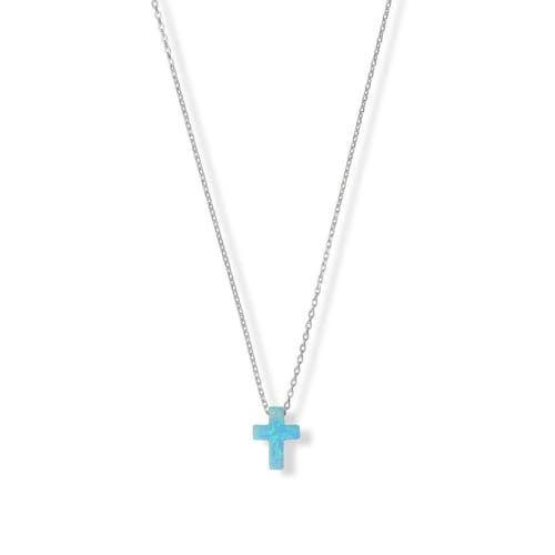 Halskette aus 925er-Sterlingsilber, 41 cm + 5 cm, rhodiniert, künstlicher Opal, religiöser Glaube, Kreuz-Halskette, 41 + 5 cm, 9 mm x 12 mm, B-Schmuck für Damen, One Size, Edelstein Metall Edelstein von JewelryWeb