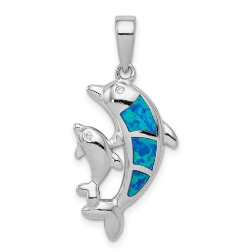 Halskette aus 925er-Sterlingsilber, massiv, poliert, flache Rückseite, blaue Einlage, künstlicher Opal, Delfin-Anhänger, 33 x 14 mm breit, Schmuck für Damen, One Size, Metall Edelstein Aus Metall von JewelryWeb