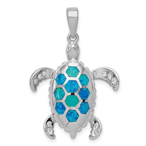 Halskette aus 925er-Sterlingsilber, poliert, künstlicher blauer künstlicher Opal-Inlay und Zirkonia, Schildkrötenanhänger, Halskette, Maße: 34 x 24 mm breit, Schmuck für Damen, Zirkonia von JewelryWeb