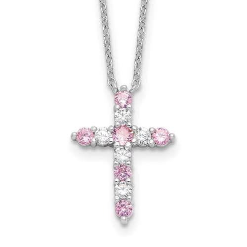 Halskette aus 925er-Sterlingsilber, rhodiniert, rosa Zirkonia, religiöser Glaube, Kreuz mit 5 cm Verlängerung, Schmuck, Geschenke für Frauen, Zirkonia Edelstein Metall, Zirkonia von JewelryWeb