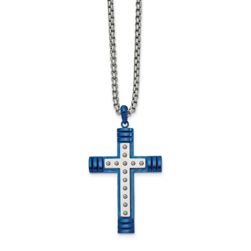 Halskette aus Edelstahl, gravierbar, poliert, blau, IP-beschichtet, religiöser Glaube, Kreuz-Halskette, Maße: 29,75 mm breit, Schmuck für Damen, 56 cm von JewelryWeb