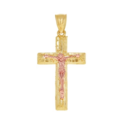 Halskette für Herren und Damen, 10 Karat zweifarbig, strukturiertes Kruzifix, Kreuz, religiöser Charm-Anhänger, 38,8 x 18,3 mm breit von JewelryWeb