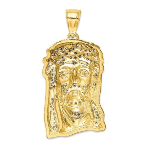 Halskette mit Anhänger, 10 Karat massives Gelbgold, Zirkonia, künstlicher Diamant, Mikropavé, religiöser Glaube, Inspiration, Jesusgesicht, 29,38 mm langer Anhänger für Damen von JewelryWeb