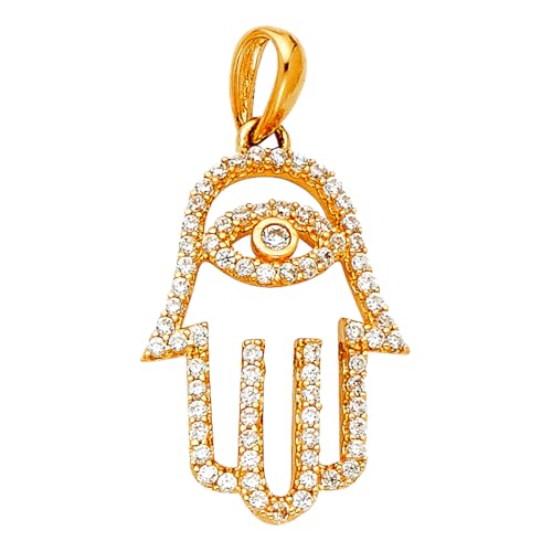 Halskette mit Anhänger, 14 Karat Gold, Hamsa-Hand, Zirkonia, künstlicher Diamant, 13 x 20 mm, Schmuck für Damen von JewelryWeb