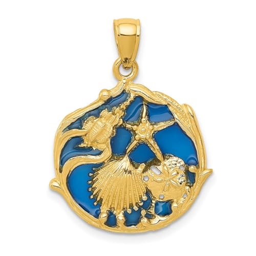 Halskette mit Anhänger aus 14 Karat Gelbgold, poliert, offene Rückseite, durchscheinend, blau, gebeizt, Glassteine, 27 x 20 mm breit, Schmuck für Damen von JewelryWeb
