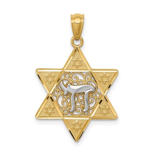 Halskette mit Anhänger aus 14 Karat massivem Y-Gold, poliert, religiöser Judaica-Davidstern W Chai, 28 mm lang, Schmuck, Geschenke für Frauen, Metall von JewelryWeb