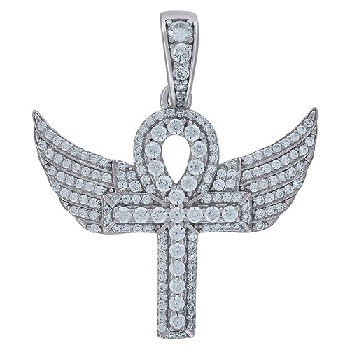 Herren-Halskette aus 925er-Sterlingsilber, künstlicher Diamant, ägyptisches fliegendes Ankh-Kreuz, religiöser Charm-Anhänger, 35 x 30,2 mm breit von JewelryWeb