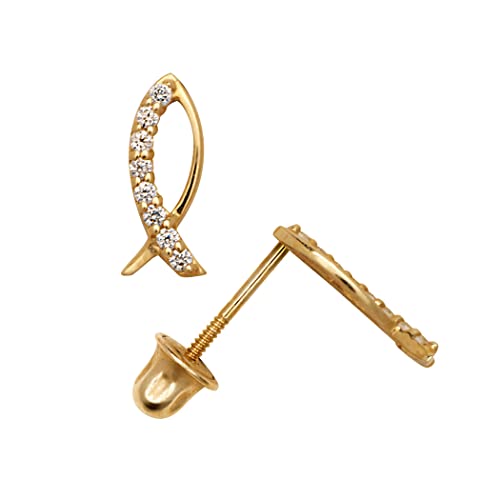 Jewelry Web Ohrstecker für Damen, massives 14 Karat Zirkonia, Zirkonia, Fischform, Schraubverschluss, Gelbgold von JewelryWeb