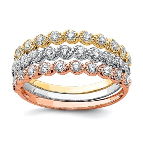 JewelryWeb 10 Karat massives Gold, dreifarbig, Set mit drei stapelbaren Zirkonia-Imitat-Ringen, Größe 7, stapelbarer Ring für Damen von JewelryWeb