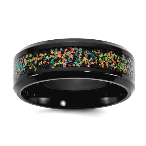 JewelryWeb Ring aus Edelstahl, poliert, schwarz, IP-plattiert, mehrfarbige Opal-Einlage, 8 mm, Bandgröße 13,5, für Damen und Herren von JewelryWeb