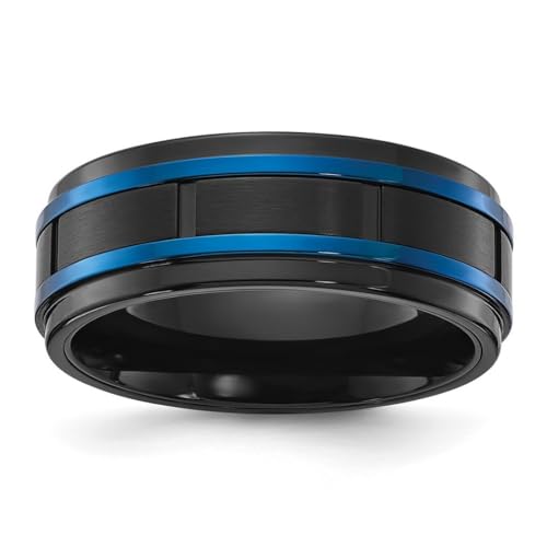 JewelryWeb Ring aus Edelstahl, poliert mit gebürsteter Mitte, Schwarz und Blau, IP, 8 mm, Bandgröße 11, Bandstil, Ring für Damen und Herren von JewelryWeb