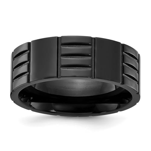 JewelryWeb Ring aus Titan, poliert, schwarz, IP-beschichtet, gerillt, 8 mm, Bandgröße 8,5, für Damen und Herren von JewelryWeb