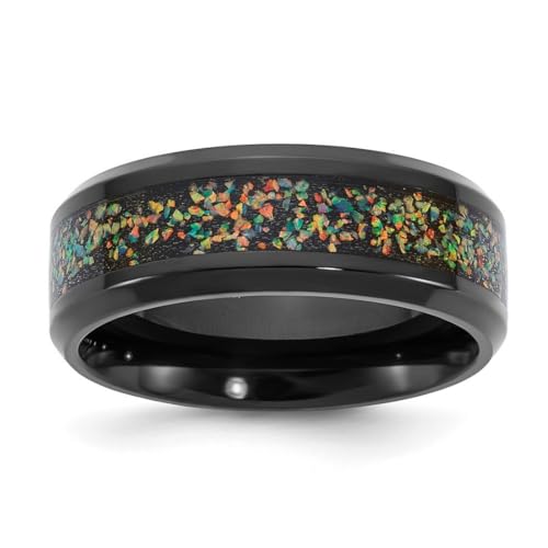 JewelryWeb Ring aus Titan, poliert, schwarz, IP-beschichtet, mehrfarbig, Opal-Einlage, 8 mm, Bandgröße 7,5, für Damen und Herren von JewelryWeb