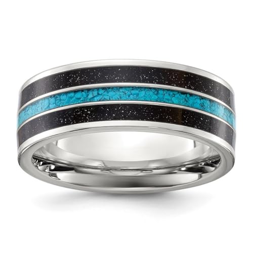 JewelryWeb Ring aus Titan poliert mit künstlichem türkisfarbenem schwarzem Stern und Sandsteineinlage, 8 mm, Bandgröße 10, für Damen und Herren von JewelryWeb