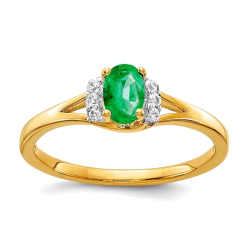 JewelryWeb Ring für Damen aus 14 Karat massivem Gelbgold mit Diamant und ovalem Smaragd, Ringgröße 7 von JewelryWeb