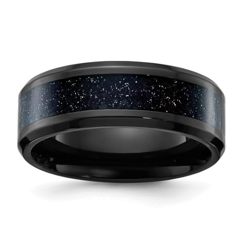 JewelryWeb Ring für Damen und Herren, Titan, poliert, schwarz, mit blauem Stern, Sandstein, 8 mm, Bandgröße 11 von JewelryWeb