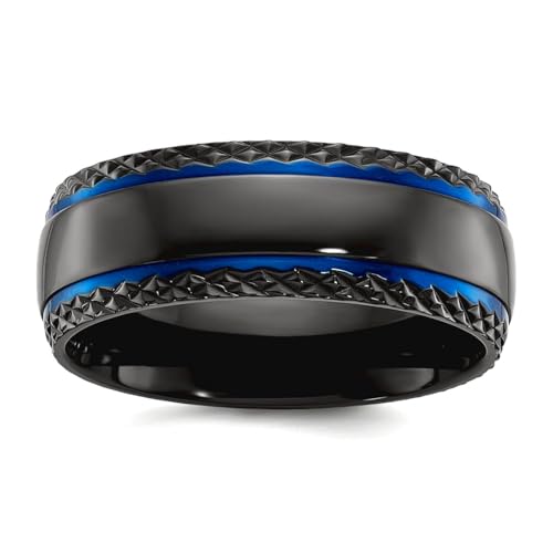 JewelryWeb Ring für Damen und Herren, schwarzer Zirkonium, poliert, blau, IP-beschichtet mit strukturiertem Rand, 8 mm, Bandgröße 8,5 von JewelryWeb