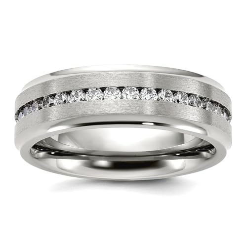 JewelryWeb Titan poliert mit gebürsteter Mitte und CZ simuliertem Diamant, 7 mm Bandgröße, 8-Band-Stil, Ring für Damen und Herren von JewelryWeb