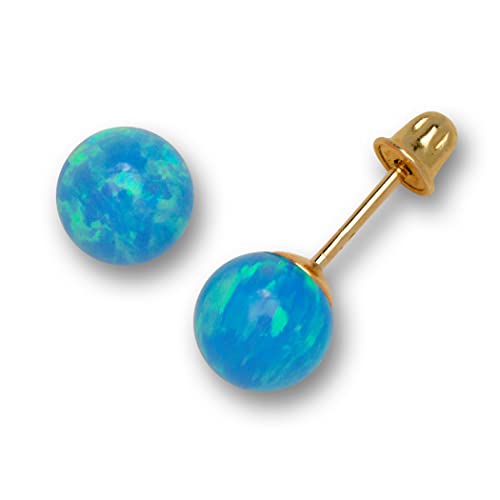 Jewelryweb Ohrstecker aus massivem 14-karätigem Gelbgold, Blau, Weiß, Grün, Rosa, künstlicher Opal, 6 mm Kugelstecker, Schraubverschluss für Damen, Metall, Opal von JewelryWeb