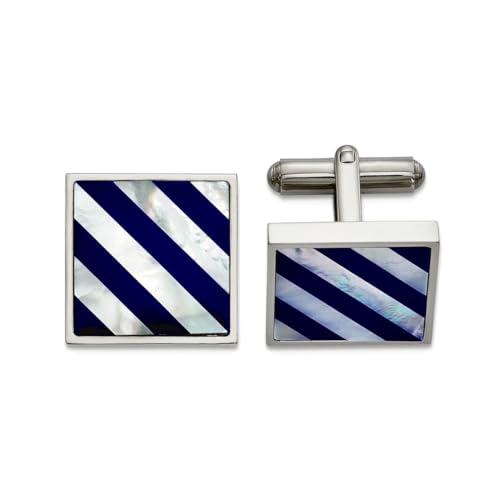 Manschettenknöpfe für Herren, Edelstahl, poliert, mit simuliertem Perlmutt und blauer Muscheleinlage, 17,21 mm von JewelryWeb
