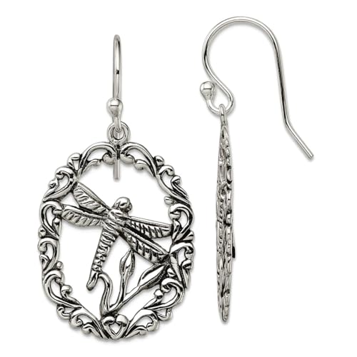 Ohrhänger aus 925er-Sterlingsilber, oxidiert, Drachenfliege, baumelnde Schäferhund, 27,3 x 5,7 mm breit, baumelnder Ohrring für Damen von JewelryWeb