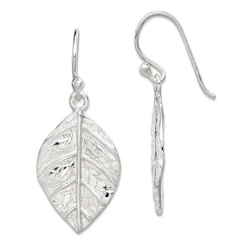 Ohrhänger aus 925er-Sterlingsilber, polierter Schäferhaken, Blattstruktur, lang, baumelnd, 35 x 14 mm, breiter Ohrhänger für Damen von JewelryWeb