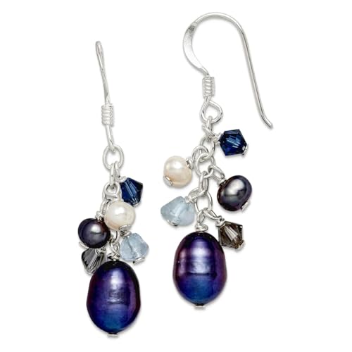 Ohrhänger für Damen, 925er Sterlingsilber, Schäferhaken, blaue Kristalle, Pfau, weiße Süßwasser-Zuchtperlen, 37 x 8 mm, breit von JewelryWeb