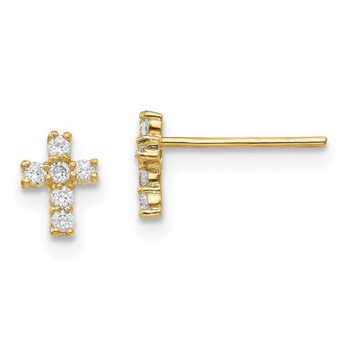 Ohrringe aus 14 Karat Gelbgold, poliert, Zirkonia, künstlicher Diamant, religiöser Glaube, Kreuz für Jungen oder Mädchen, Maße: 6 x 5 mm breit, One Size, Zirkonia Edelstein Zirkonia Edelstein von JewelryWeb