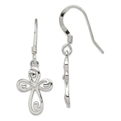 Ohrringe aus 925er-Sterlingsilber, Muschelperle, poliert, religiöser Glaube, Kreuz, lang, 32 x 12 mm breit, Schmuck für Damen von JewelryWeb