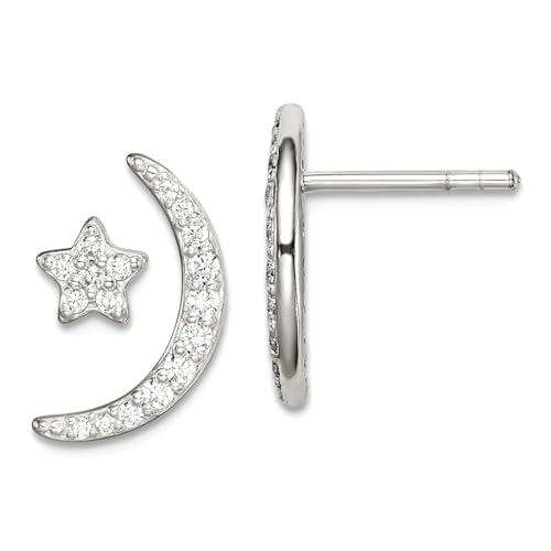 Ohrringe aus 925er-Sterlingsilber, Zirkonia, künstlicher Diamant, himmlischer Mond und Stern, Maße: 14 x 10 mm breit, Schmuck für Damen von JewelryWeb