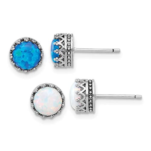 Ohrringe aus 925er-Sterlingsilber, rhodiniert, 7 mm, künstlicher blauer Opal und weißer Opal, Schmuck für Damen, One Size, Edelstein Metall Opal, Opal von JewelryWeb