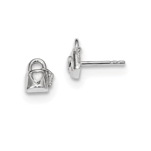 Ohrringe aus 925er-Sterlingsilber, rhodiniert, Schloss mit Liebesherz und Schlüsselpfosten, Maße: 7,5 x 5,8 mm breit, Schmuck für Damen von JewelryWeb