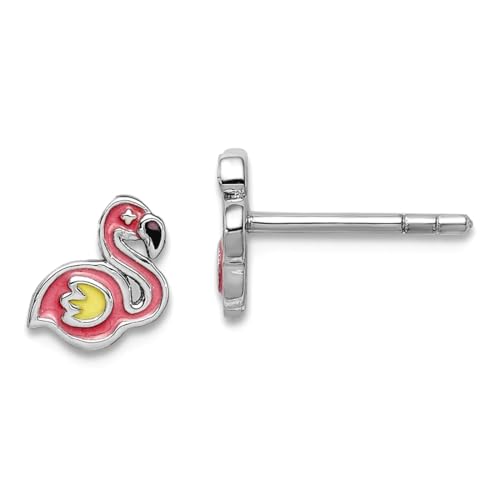 Ohrringe aus 925er-Sterlingsilber, rhodiniert, für Jungen oder Mädchen, emaillierte Flamingo-Ohrstecker, Maße: 7 x 6 mm breit von JewelryWeb
