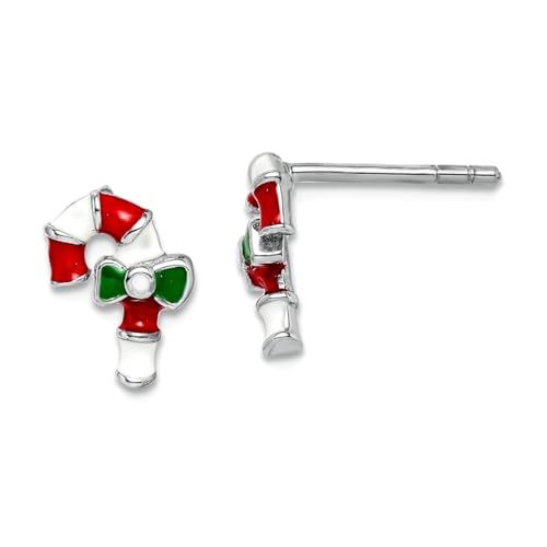 Ohrringe aus 925er-Sterlingsilber, rhodiniert, für Jungen oder Mädchen, emaillierte Zuckerstangen-Ohrringe, Maße: 10 mm lang von JewelryWeb