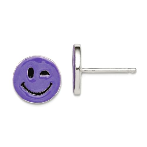 Ohrringe aus 925er-Sterlingsilber, violett, emailliert, Smiley-Gesicht, für Jungen oder Mädchen, Maße: 10 x 10 mm breit von JewelryWeb