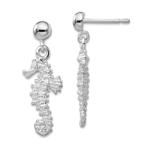 Ohrstecker, 9 mm, 925er-Sterlingsilber, rhodiniert, poliert, 3D-Seepferdchen, baumelnd, 24,8 x 9 mm breit, Schmuckgeschenk für Mutter, One Size, Metall Silber Metall Rhodium Silberfarben, Kein von JewelryWeb