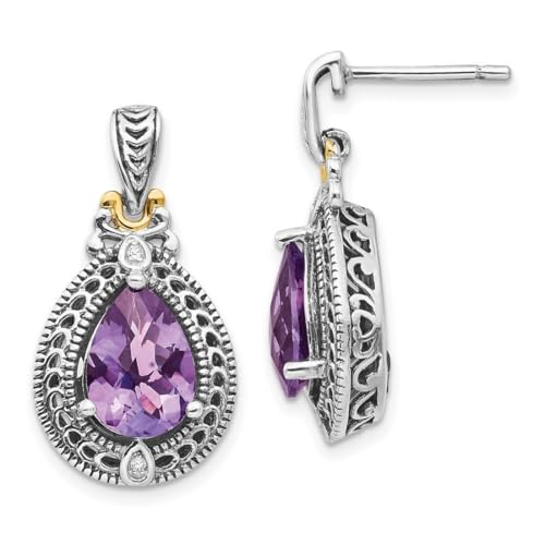 Ohrstecker aus 925er-Sterlingsilber, poliert, mit 14-karätigem Diamant und Amethyst, 24 x 13 mm breit von JewelryWeb