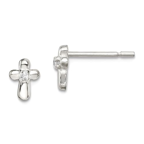 Ohrstecker aus 925er Sterlingsilber, poliert, religiöser Glaube, Kreuz mit Zirkonia, künstlicher Diamant, 6 x 4 mm breit, Ohrstecker für Damen von JewelryWeb