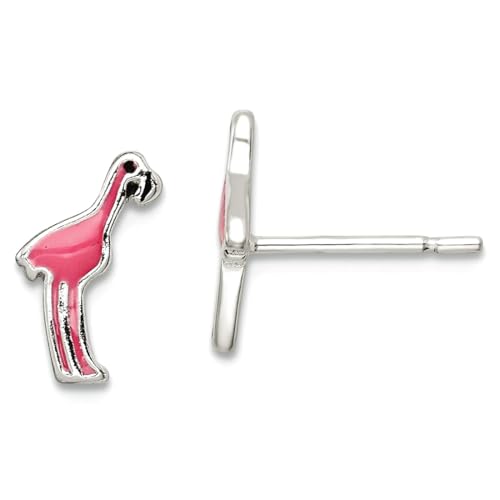 Ohrstecker aus 925er-Sterlingsilber, polierte Emaille, rosa Flamingo, 11 x 6 mm breit, Ohrstecker für Damen von JewelryWeb