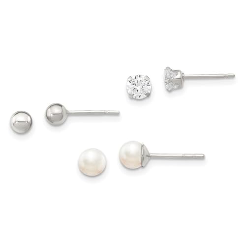 Ohrstecker aus 925er Sterlingsilber, polierter Stellux-Kristall und Süßwasser-Zuchtperlen, 3-teiliges Set, misst 5 x 5 mm, Schmuck für Damen von JewelryWeb