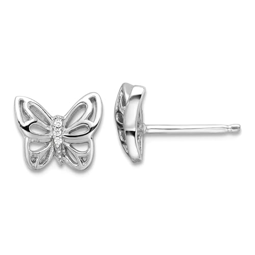 Ohrstecker aus 925er-Sterlingsilber, rhodiniert, Zirkonia, künstlicher Diamant, Schmetterling, Engelsflügel, 7,9 x 9,2 mm breit von JewelryWeb