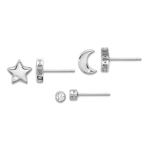Ohrstecker aus 925er-Sterlingsilber, rhodiniert, Zirkonia, künstlicher Diamant, himmlischer Mond, Stern und rund, Set mit 3 Ohrringen für Damen von JewelryWeb