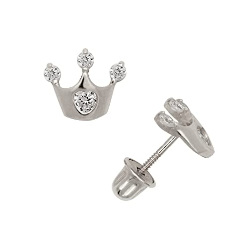 Ohrstecker aus massivem 14-karätigem Gelbgold oder Weißgold, kleine runde Zirkonia, kleine Kronen-Ohrstecker mit Schraubverschluss (6 x 8 mm), Ohrstecker für Damen, One Size, Zirkonia Edelstein von JewelryWeb