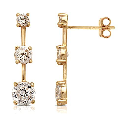 Ohrstecker aus massivem 14-karätigem Zirkonia, künstlicher Diamant, schöne Ohrstecker mit drei Steinen (gelb und weiß), Geschenk (Gelbgold) für Damen von JewelryWeb